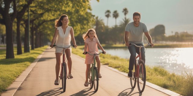 Rodzina na rowerach jedzie słoneczną ścieżką nad jeziorem, pośród drzew i zieleni, w pogodnym, letnim klimacie.
