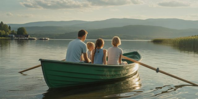 Rodzina w zielonej łodzi wiosłowej płynie po spokojnym jeziorze o zachodzie słońca, w tle wzgórza i spokojna woda.