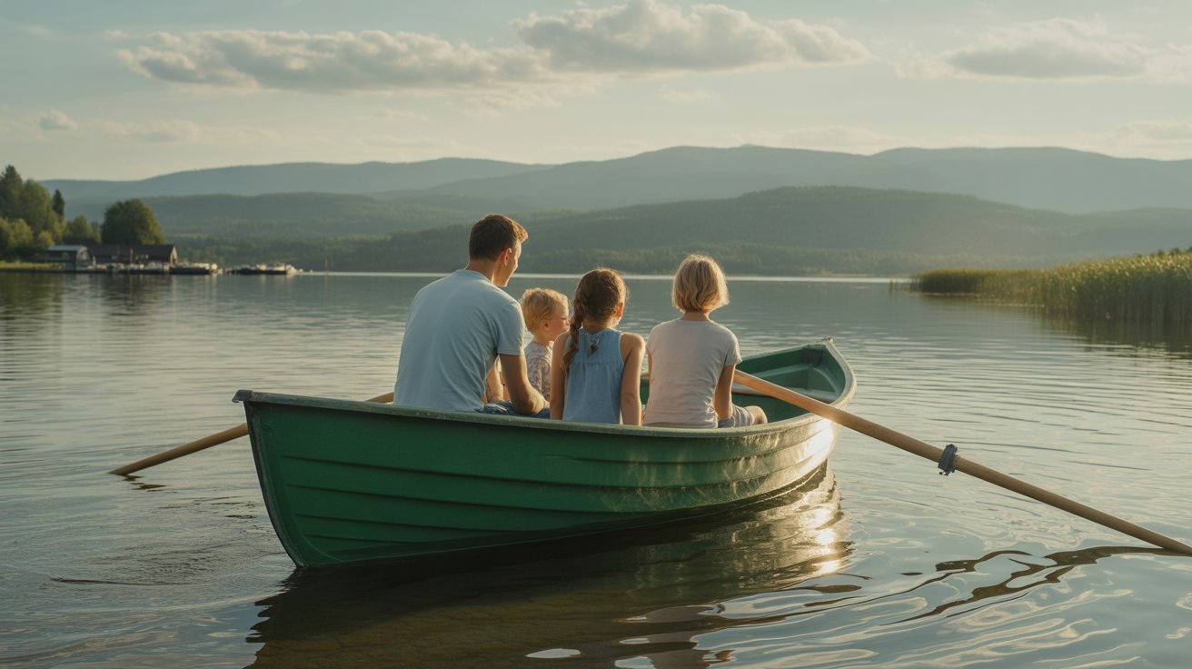 Rodzina w zielonej łodzi wiosłowej płynie po spokojnym jeziorze o zachodzie słońca, w tle wzgórza i spokojna woda.